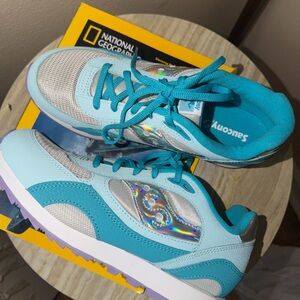 Saucony Aqua and Silver Sneakers